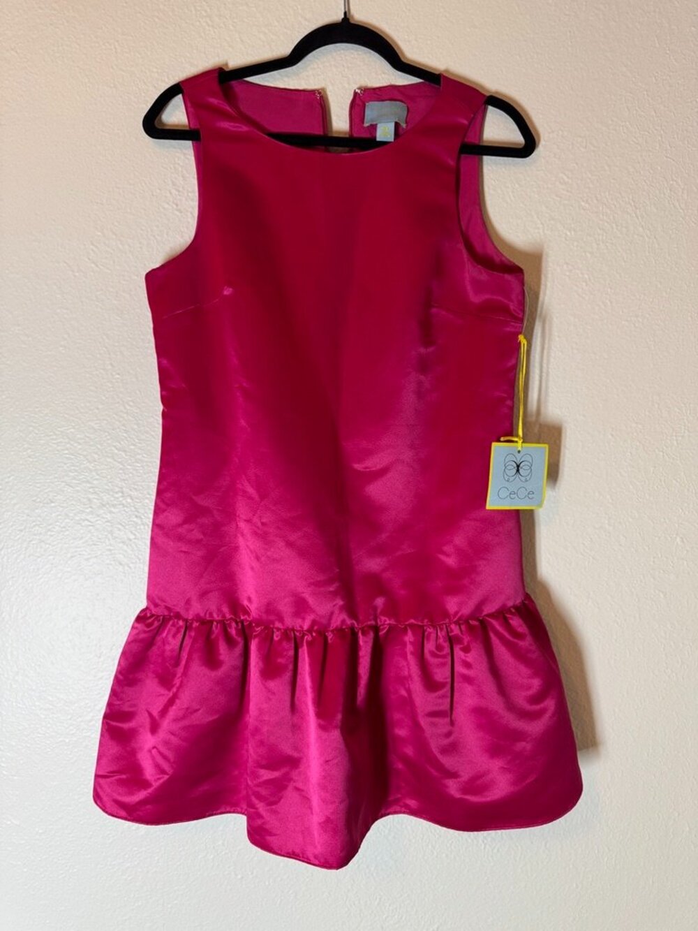 Cece Fuschia Satin Sleeveless Sheath MIni Dress Drop Waist Ruffle Hem Size 8 - Picture 6 of 14
